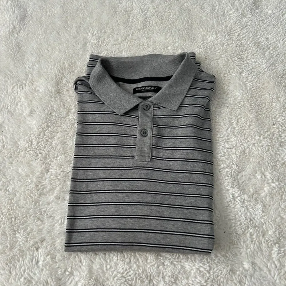 Banana Republic Mens Luxury Grey Strip Touch Polo Sz L Preppy College Casual